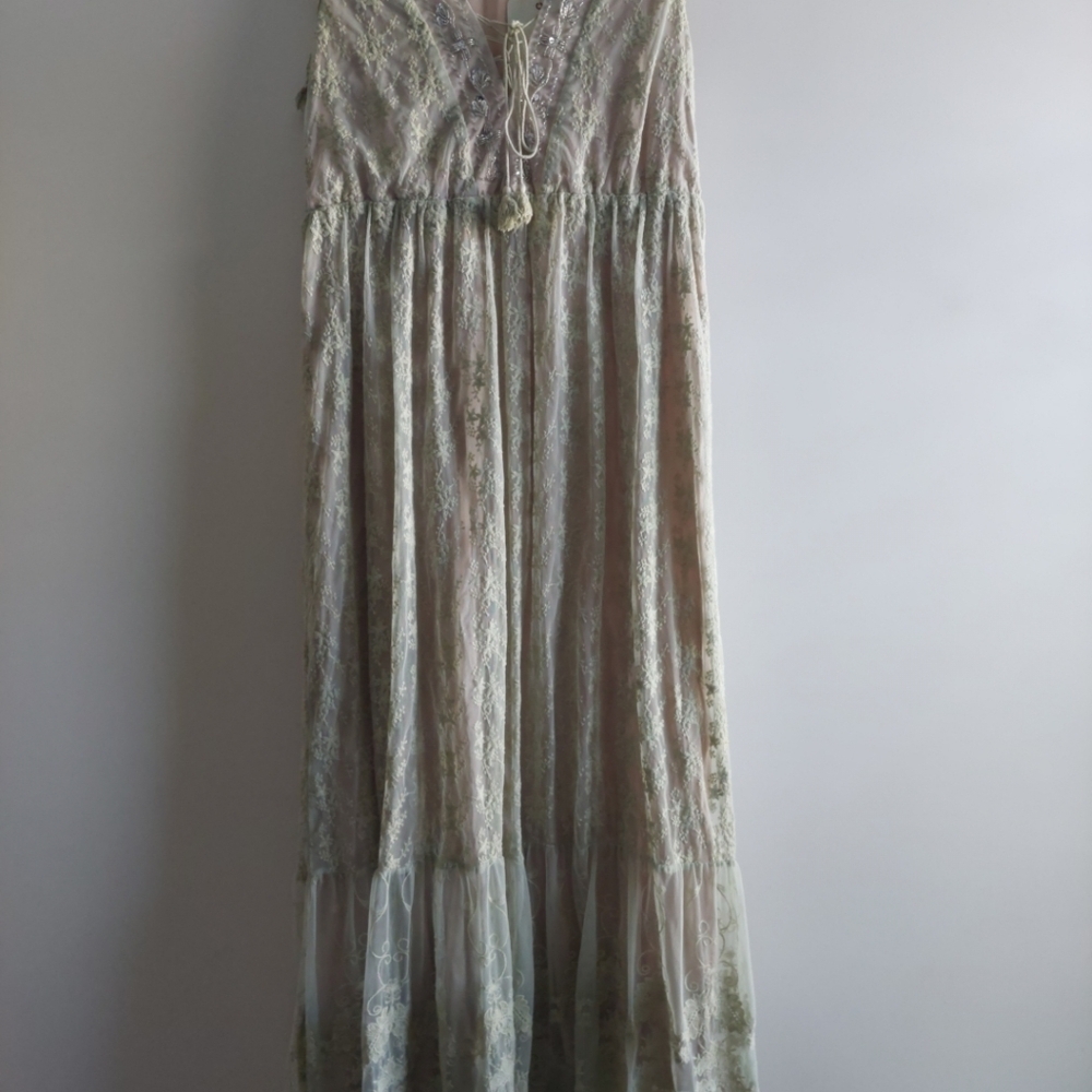 Fully Embroidered Floral Lace Beaded Maxi Dress Green Cottagecore Fairycore 12